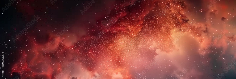 Naklejka premium explosion in space, dark red and white particles swirling in the air, abstract red and white cloud, surrounded by particles of fire in the night sky. red space, nebula