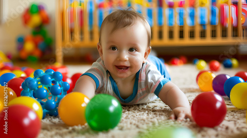 Baby boy with toys and balls, generative Ai