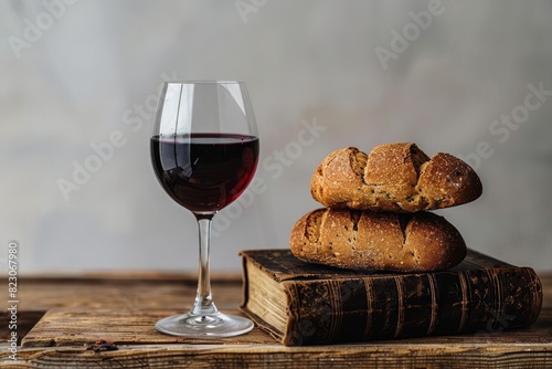 Bible, wine glass, and bread on a wooden table, arranged for a religious setting Isolated on white with ample copy space, symbolizing communion