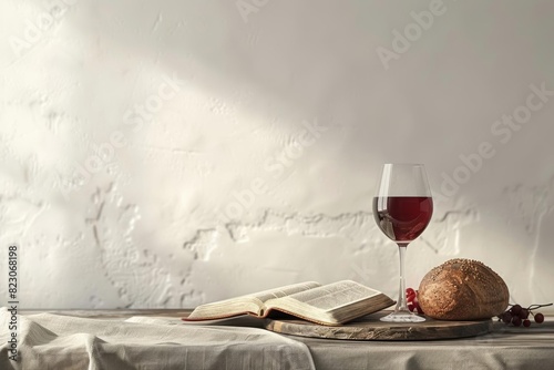 Bible, wine glass, and bread placed on a table, isolated on a white background Copy space, representing the Last Supper and communion