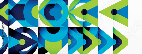 The design features a striking combination of blue and green geometric elements, with arrows positioned to point in opposing directions