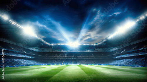 A football stadium aglow with bright lights, illuminating a vibrant green field where a fierce game is underway photo