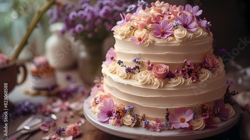 A three-tiered vanilla birthday cake with buttercream frosting  decorated with edible flowers and delicate fondant ribbons