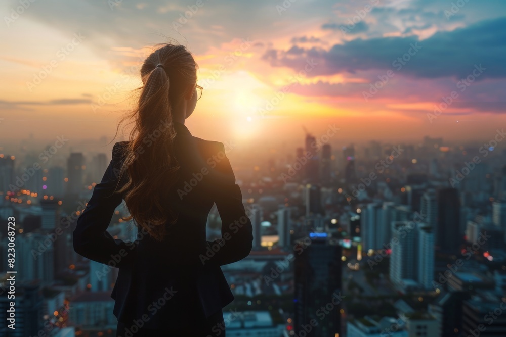 Fototapeta premium Business woman looking over the city at sunrise 
