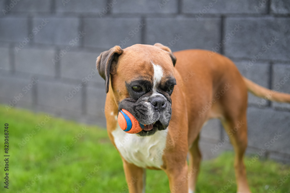 3 years old purebred golden german boxer dog puppy jumping playing with a ball 3 years old purebred golden german boxer dog puppy jumping playing with a ball