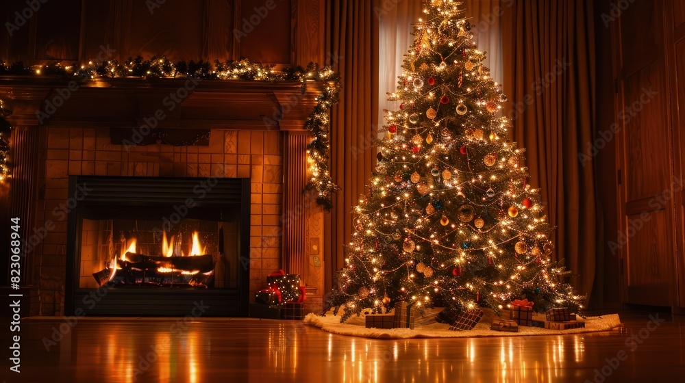 christmas tree in fireplace.