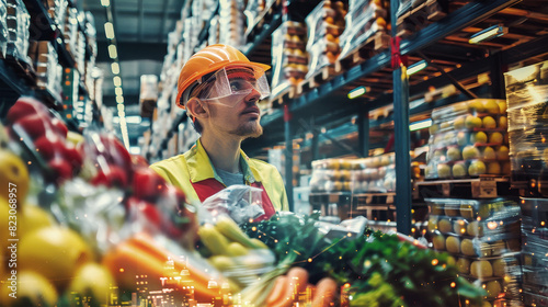 Fototapeta Naklejka Na Ścianę i Meble -  A worker dressed in warehouse attire gazes intently at a variety of colorful fruits and vegetables