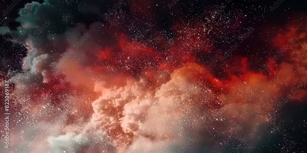 explosion in space, dark red and white particles swirling in the air,  abstract red and white cloud, surrounded by particles of fire in the night sky. red space, nebula