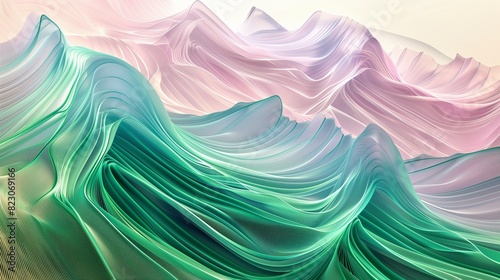 An immersive abstract landscape where cascading waves of emerald and sapphire liquefy, merging and separating in a perpetual, fluid motion. The vibrant pastel tones 
