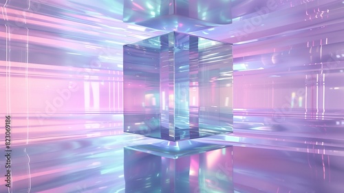 Cuboidal glass structure floating in a serene, pastel-hued void, with intricate light patterns dancing across the surfaces, creating a mesmerizing and captivating display - photo