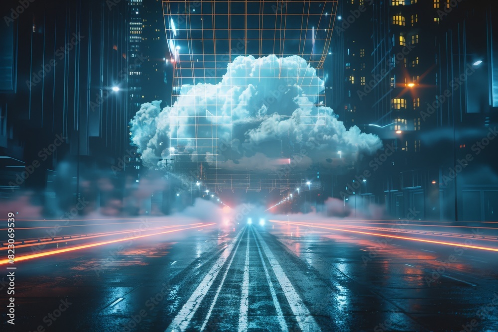 Mysterious cloud, grid of glowing particles and long cables intersecting in the middle of the city street, 3D render 