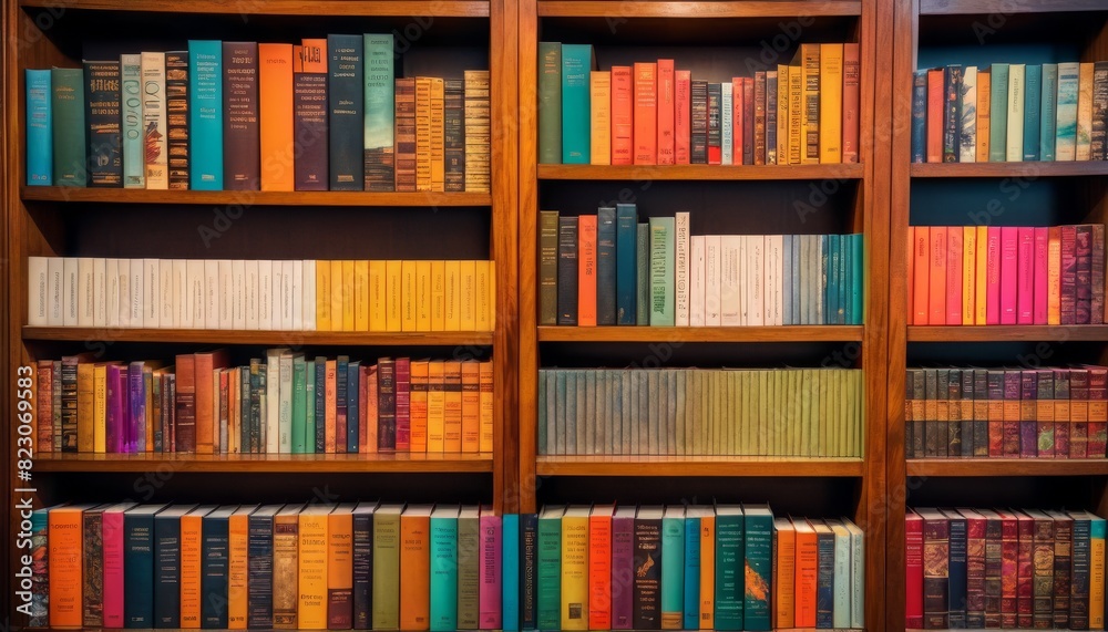 A vibrant array of books neatly organized on wooden shelves, showcasing a spectrum of colors that adds life to any bibliophile's collection.. AI Generation A vibrant array of books neatly organized on wooden shelves, showcasing a spectrum of colors that adds life to any bibliophile's collection.. AI Generation