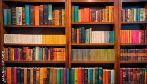 A vibrant array of books neatly organized on wooden shelves, showcasing a spectrum of colors that adds life to any bibliophile's collection.. AI Generation