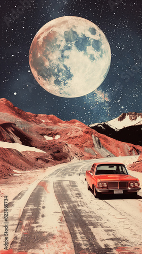 A red car is driving down a road in front of a large moon. The scene is set in a mountainous area with a starry sky above