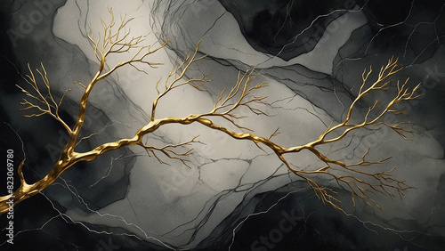 natural beauty through art in this film, where a dark watercolor base is beautifully contrasted with branching golden veins. Resembling the intricate patterns of marble, liquid watercolor background