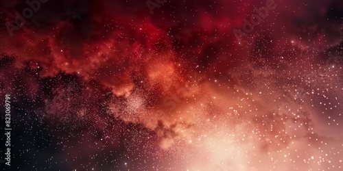 explosion in space, dark red and white particles swirling in the air,  abstract red and white cloud, surrounded by particles of fire in the night sky. red space, nebula