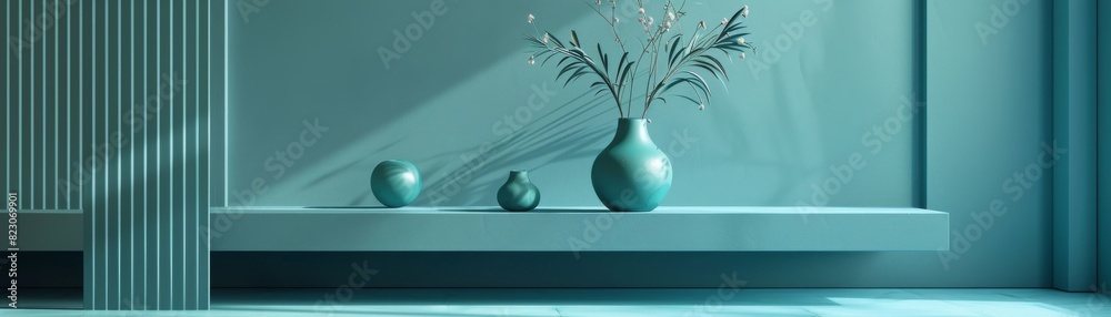 The image shows a blue vase with white flowers on a blue shelf against a blue background. The shelf is decorated with two apples. The image shows a blue vase with white flowers on a blue shelf against a blue background. The shelf is decorated with two apples.
