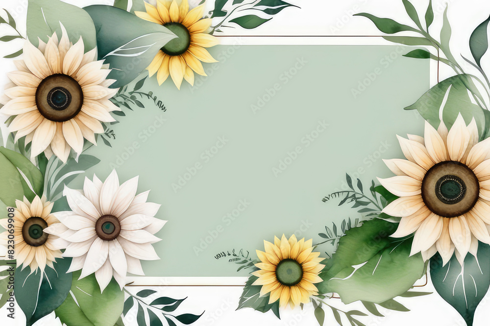 Fototapeta premium Watercolor wedding invitation template with sunflowers, abstract art background vector.