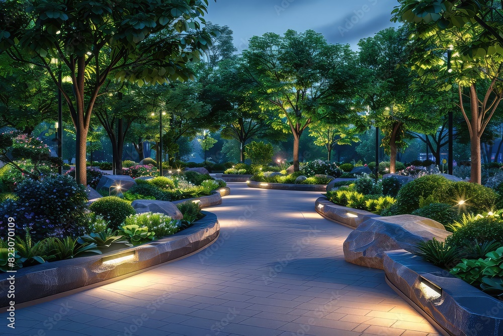 Public park with smart lighting, IoT sensors, vibrant greenery, modern urban planning, photorealistic, Public park with smart lighting, IoT sensors, vibrant greenery, modern urban planning, photorealistic,