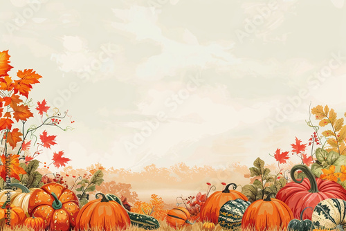 Autumn Harvest with Pumpkins and Fall Leaves Seasonal Illustration