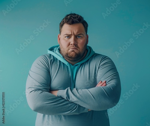 man with annoyed face expression. wearing training sport kit. against solid color background. photo