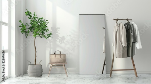 A white room with a mirror and a plant