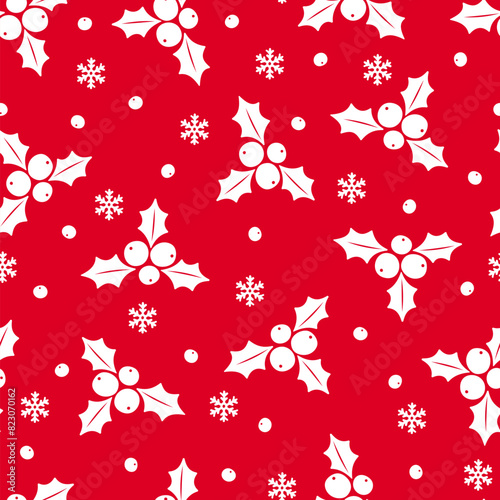 Christmas mistletoe seamless pattern. Vector holly leaf with berries red holiday background. Winter traditional texture for gift wrapping paper, seasonal festive design, textile pattern, fabric.