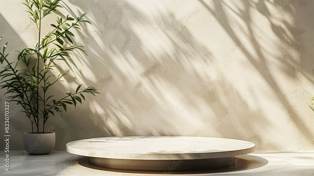 Abstract podium with light shadows and leaf accents, designed for modern product mockups Abstract podium with light shadows and leaf accents, designed for modern product mockups