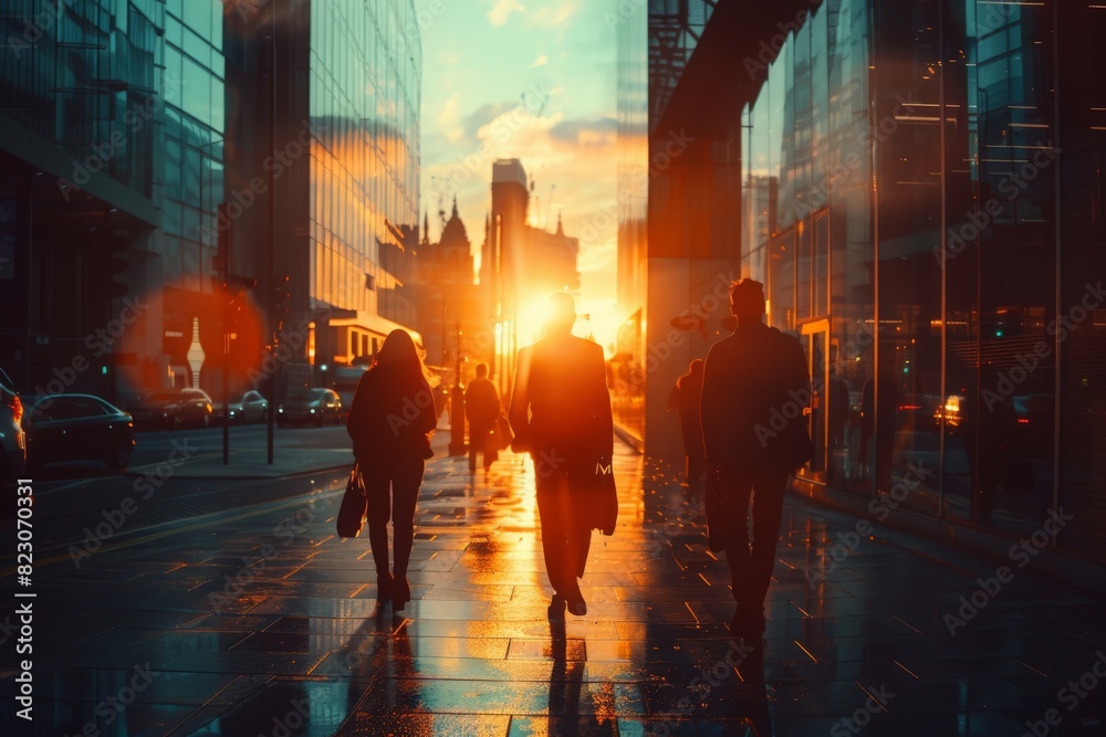 Business people walking through the city at dawn