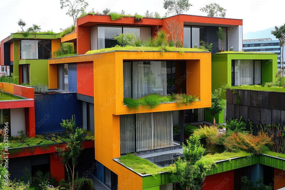Rainwater harvesting system, urban building, green rooftop, vibrant colors, sustainable design,