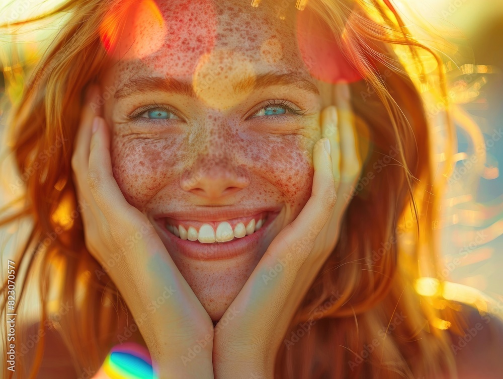 A blonde girl illuminated by lights, smiling at the camera A blonde girl illuminated by lights, smiling at the camera