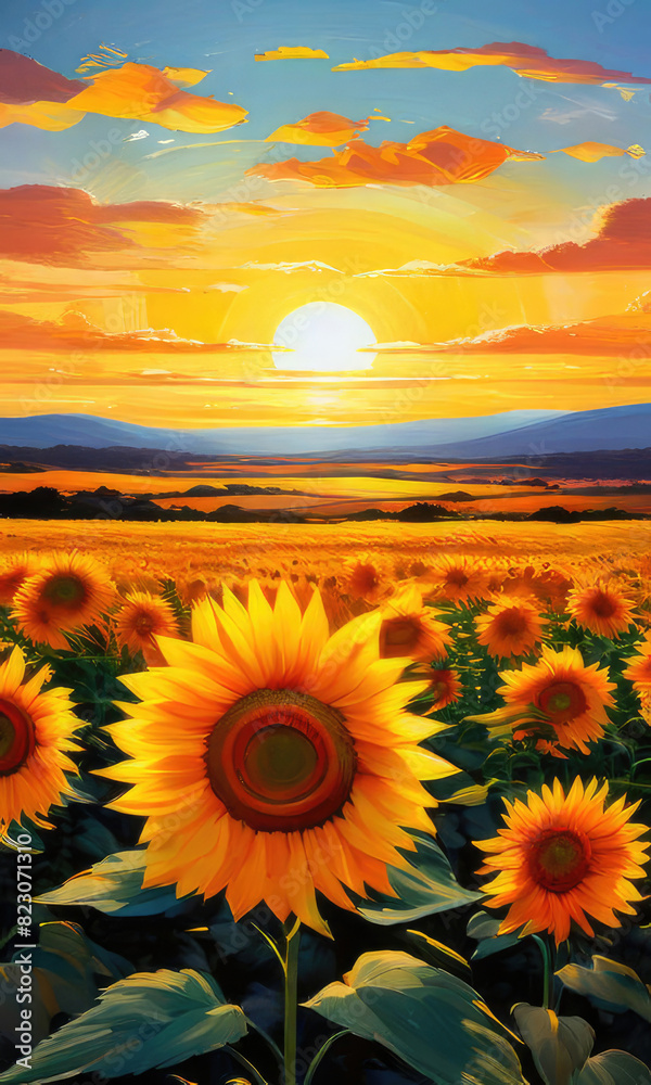Fototapeta premium Oil painting of a beautiful sunset over big golden sunflower field.