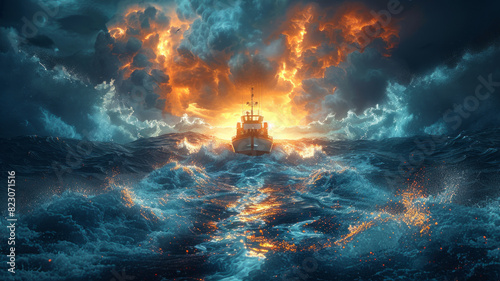 Amid a stormy sea symbolizing AI competition  a boat navigates turbulent waters toward a distant light  embodying the struggle and hope in the AI talent race.generative ai