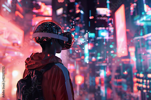 Person Wearing VR Headset in Futuristic City