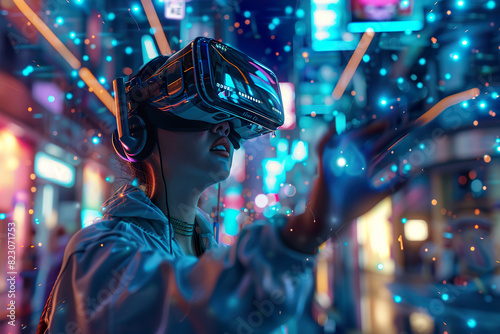 Person Using VR Headset in Neon City