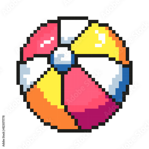 Beach ball icon for summer holidays in pixel art style. Vintage computer video arcade games of the 80s, 90s. Design for mobile games, postcards, stickers. Vector illustration.