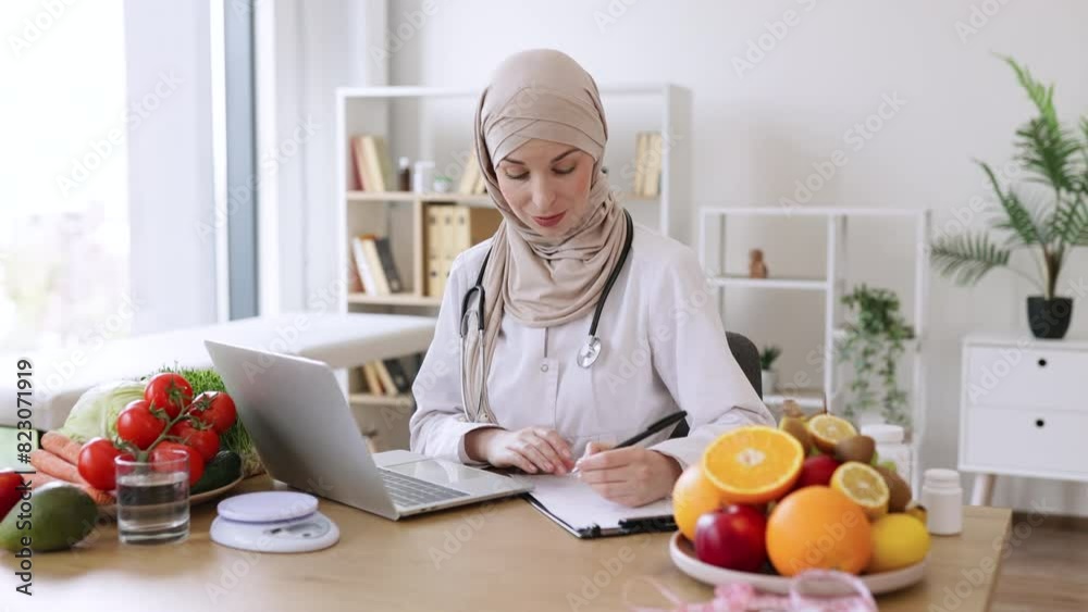 Experienced nutrition professional searching for weight loss information on food websites. Serious Muslim lady in doctor's coat typing on modern laptop in consulting room of medical center. Experienced nutrition professional searching for weight loss information on food websites. Serious Muslim lady in doctor's coat typing on modern laptop in consulting room of medical center.