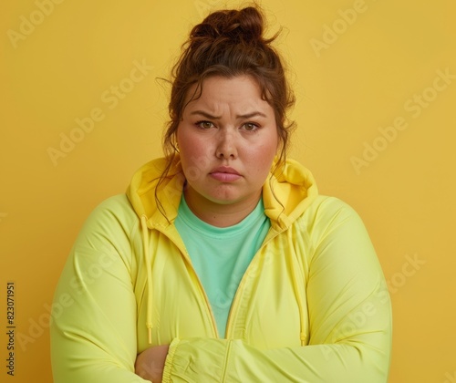 woman with annoyed face expression. wearing training sport kit. against solid color background. photo
