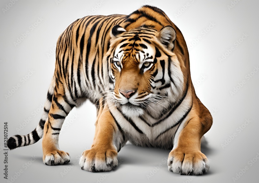 Naklejka premium Royal tiger (Panthera tigris corbetti) isolated on a white background with clipping path included. The tiger is staring at its prey, embodying the hunter concept.