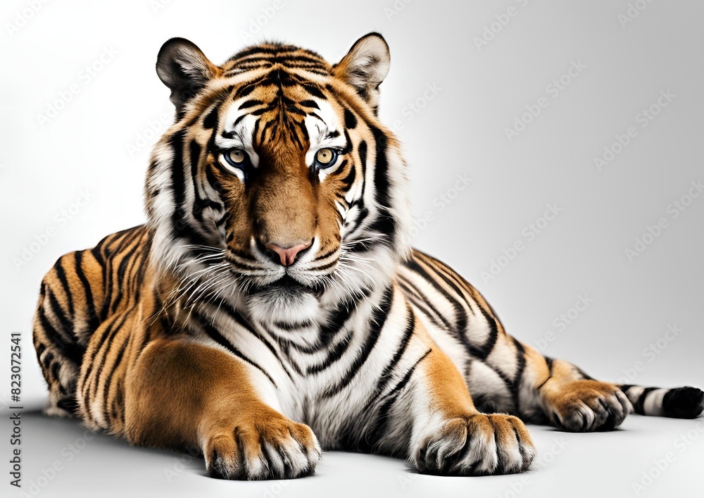 Royal tiger (Panthera tigris corbetti) isolated on a white background with clipping path included. The tiger is staring at its prey, embodying the hunter concept.