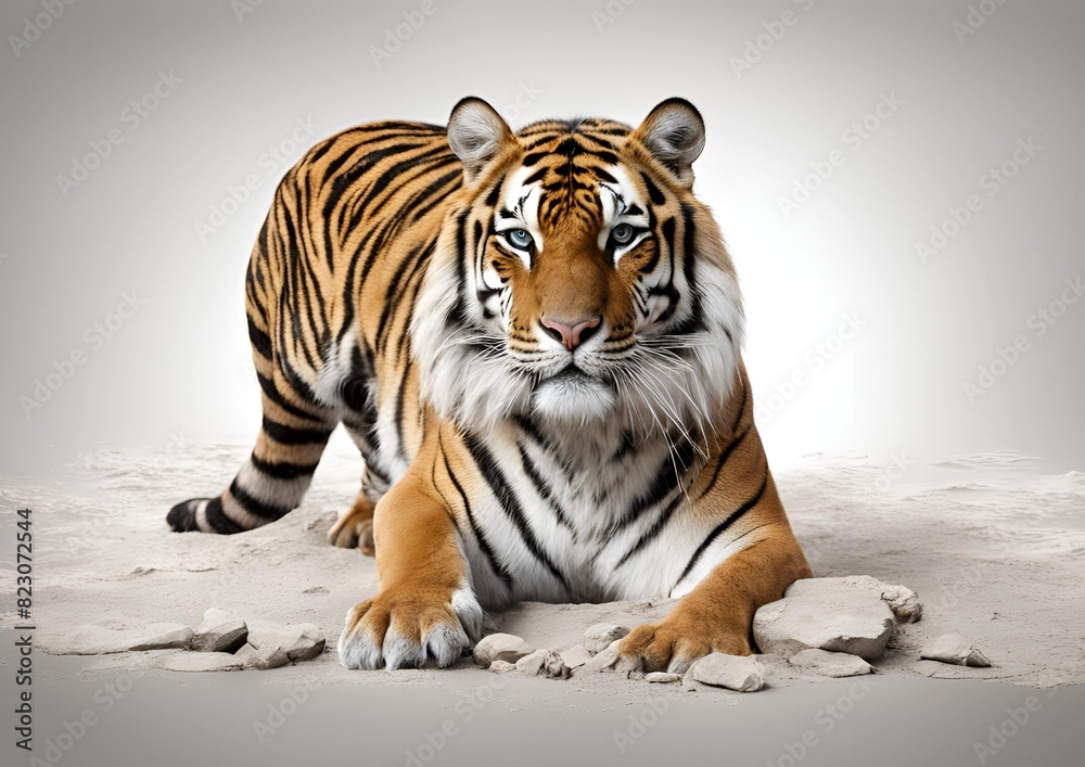Obraz premium Royal tiger (Panthera tigris corbetti) isolated on a white background with clipping path included. The tiger is staring at its prey, embodying the hunter concept.