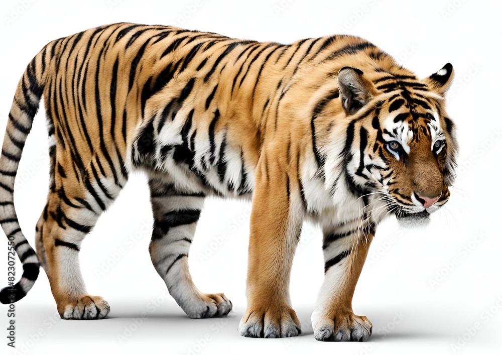 Obraz premium Royal tiger (Panthera tigris corbetti) isolated on a white background with clipping path included. The tiger is staring at its prey, embodying the hunter concept.