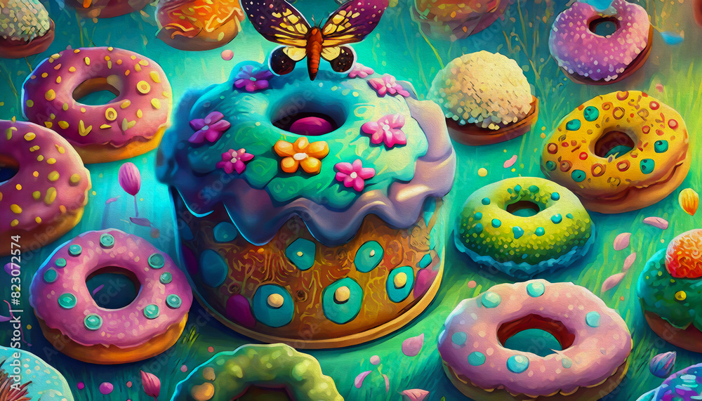 oil painting style cartoon illustration Donuts Box