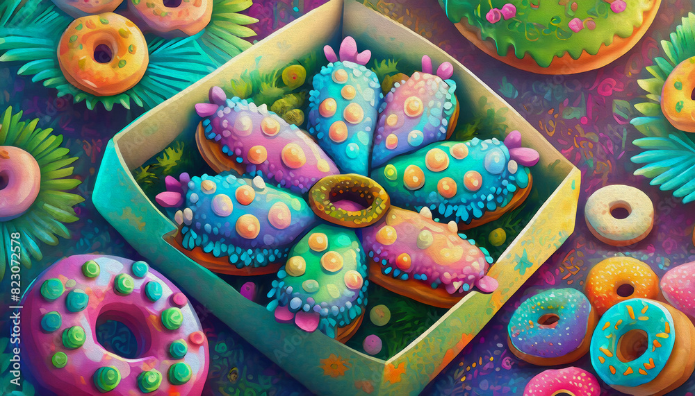 oil painting style cartoon illustration Donuts Box