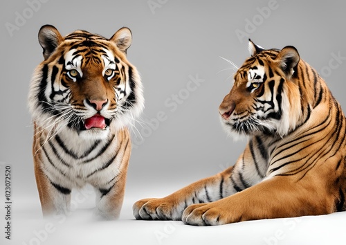 Royal tiger (Panthera tigris corbetti) isolated on a white background with clipping path included. The tiger is staring at its prey, embodying the hunter concept. photo