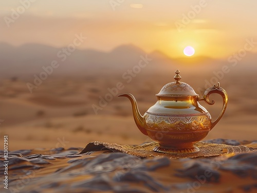 Serene Desert Landscape at Sunrise with Ornate Golden Teapot