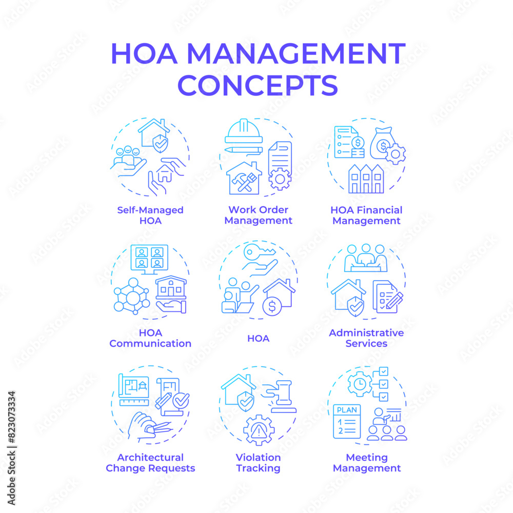 HOA management blue gradient concept icons. Administrative services, association community. Icon pack. Vector images. Round shape illustrations for infographic, presentation. Abstract idea