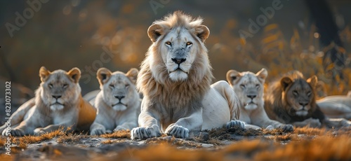 Majestic White Lion Presiding Over a Pride of Grey Lions in the African Savanna