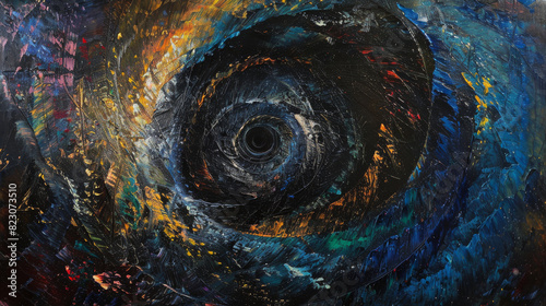 A black spiral-shaped abyss, swirling in a whirlwind of inexplicable probabilities like the depths of the sea.. The painting is made in the style of abstraction photo