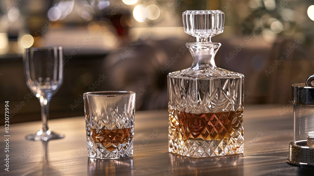 Crystal whiskey decanter and glass on wooden table. Elegant crystal whiskey decanter and glass with a warm amber glow, perfect for showcasing your premium spirits. Crystal whiskey decanter and glass on wooden table. Elegant crystal whiskey decanter and glass with a warm amber glow, perfect for showcasing your premium spirits.